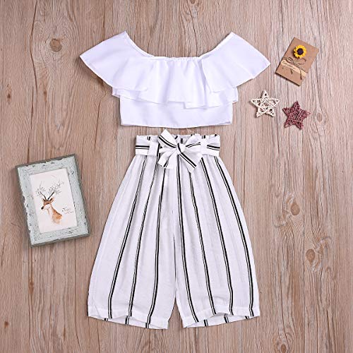 Kids Baby Girls Outfits Floral Ruffle Off Shoulder Crop Tops + Bowknot Denim Shorts Skirt Set Toddler Summer Clothes (Black Striped, 2-3 Years)