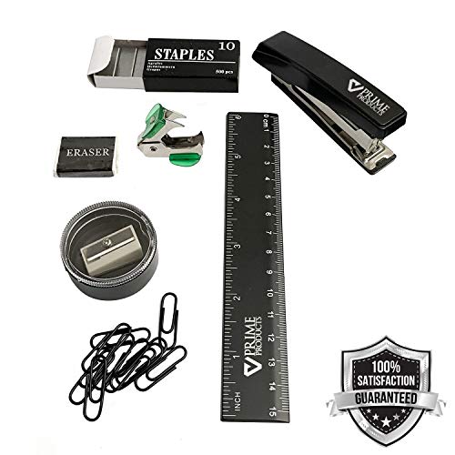 Rotating Black Desk Organizer for Office Supplies | Includes Pencils, Eraser, Pen, Scissors, Pencil Sharpener, Ruler, Stapler, Staples, Staples Remover and Paper Clips