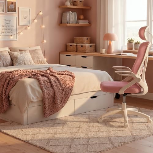 DRAIR35 – Silla Escritorio Ergonómica Oficina y Hogar de Malla tensada Transpirable, Reclinable 90-120°, Reposacabezas y Reposabrazos Abatibles, Soporta hasta 120 kg, Rosa-Blanco