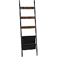HOOBRO Blanket Ladder, 5 Tier Towel Rack, 17.3" L x 63" H, Wall-Leaning Blanket Rack for Living Room, Decorative Ladder with 4 Hooks and Magazine Pocket, Rustic Brown BF32CJ01