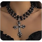 Chunky Pearl Cross Necklace for Women Gothic Big Cross Pendant Necklace Vintage Pearl Crucifix Layered Necklaces Christian Jewelry for Women