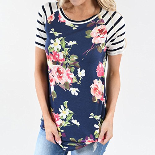 Pengy Clearance Women Short Sleeve Striped Floral Printed Blouse Shirt Tops (S, Blue)