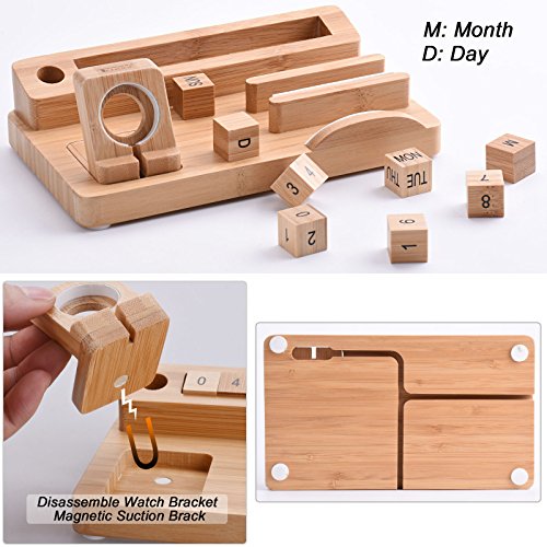 Tendak Apple Watch Phone Stand with Manual Calendar Bamboo Wood iPad Charging Dock Station for 38mm and 42mm Apple Watch & iPhone iPad Tablet and all Smartphones - Thumbnail 2