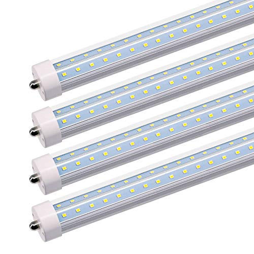 JESLED 8FT LED Light Tubes - 50W 5000K 6000 Lumens, Single Pin Fa8 Base, T8 T10 T12 LED Fluorescent Bulbs Replacement, 100-130W Equivalent, V Shape, Clear, Dual-Ended Power, Ballast Bypass (4-Pack)