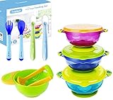 MICHEF Baby Bowls, Baby Feeding Bowls Set with 2 Hot Safe Baby Fork and Spoon, 2 Soft-Tip Silicone Baby Spoons, Mash and Serve Bowl - Baby Shower Gift Set of 3 Suction Baby Bowls for Toddler with Lids