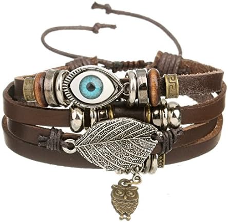 Ckysee Jewelry Handmade Multilayer Braided Beads Leaf Charm Wrap Leather Bracelet Cuffs