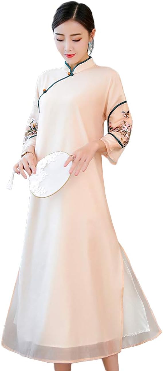Amazon Jpバレンタインデー レディーズ ワンピース チュニック シフォンワンピース 中国風 チャイナドレス 刺繍 お茶服 二次会 お呼ばれ パーティー 文化祭 旅行 優雅 禅意 ワンピース チュニック 通販