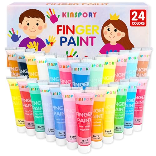 KINSPORY Pinturas de Dedos para Niños 24 x 36 ml – Pinturas Lavables para Niños Pequeños, No Tóxicas, Seguras para Manos y Pies, Materiales Artísticos Preescolares Regalos Creativos