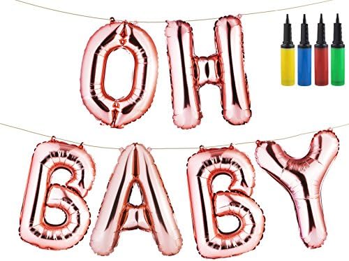 Rose Gold “OH BABY” 16” Letters Foil Balloons | Baby Girl/ Boy Shower Balloons | Happy Birthday Occasion Party Decorations, with 1 Balloon Hand Air Pump