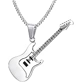 Rockyu Rock Electric Guitar Necklace for Men Women Silver Stainless Steel Chain 24 Inch Music Guitar Pendant 53MM Jewelry Gifts for Music Lover Friends