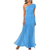 LAGSHIAN Women's Elegant Formal Long Dress One Shoulder Sleeveless Ruched Bodycon Evening Dress