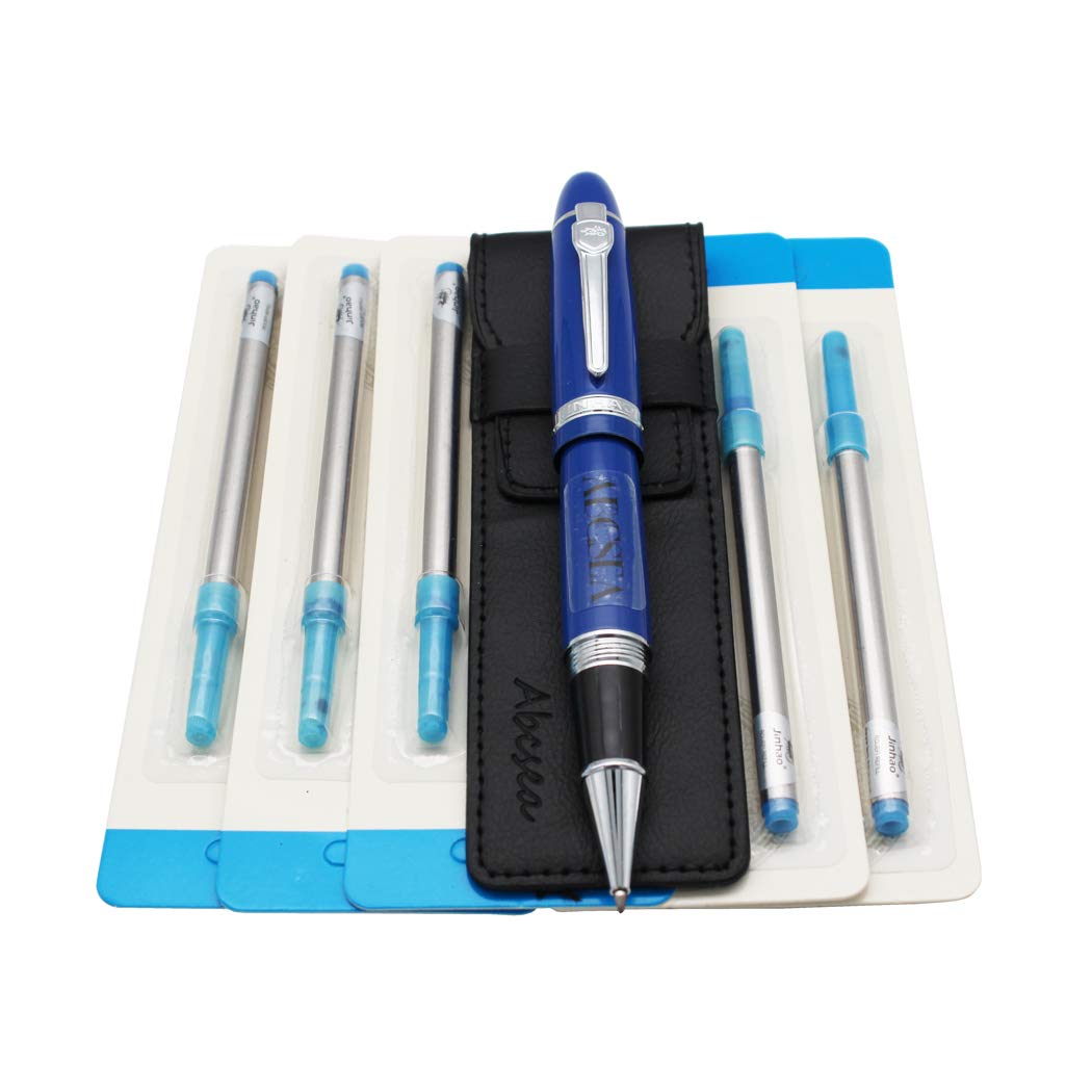 Abcsea 1PCS Heavy Big Rollerball Pen 159 and 5PCS Blue Ink Rollerball Pen Refills, Spiral Ballpoint Pen Refills with Cover, Medium Point - Blue Pen and Blue Spiral Refills (0.7MM)
