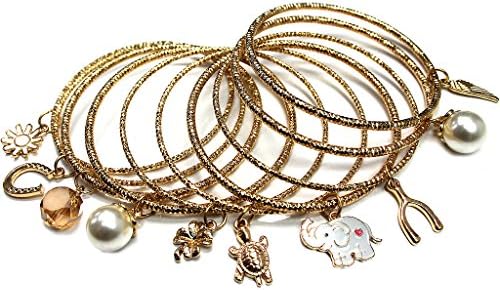 Aris Huge Stack Diamond Cut Charm Bangles Bundle: Bracelets & Bag (Gold-tone Lucky Theme)