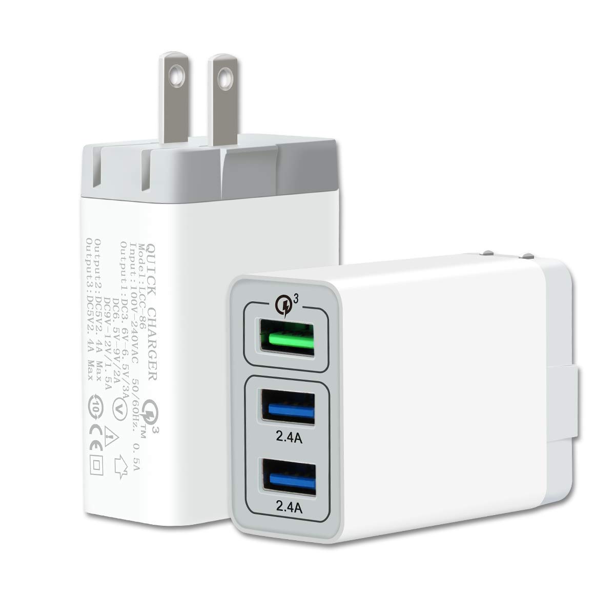 Quick Charge 3.0 Wall Charger, 30W 3 Port Travel Wall Fast Charger Adapter QC3.0 QC2.0 SmartPorts+Detachable Plug for iPhoneX/8/7/6 Samsung s9S8/S7,Note8/7,LG,iPd,Sony,HTC (White)