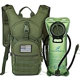 Tactical MOLLE Hydration Pack Backpack 900D with 2L Leak-Proof Water Bladder, Keep Liquids Cool for Up to 4 Hours, Outdoor Daypack for Cycling, Hiking, Running, Climbing, Hunting, Green+Flag Patch