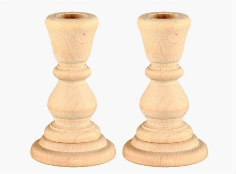 Set of 2 Unfinished Wood Candlestick with Base - 4" Tall with 2 1/2 Base and 7/8" Opening