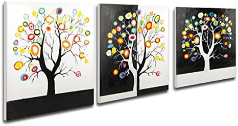 The Melody Art-3 Pennel Hand Painted Abstract Item Oil Painting Modern Floral Canvas Wall Art Black and White Trees Artwork Stretched and Framed Ready To Hang 16 by 20 inch