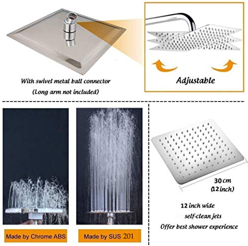 Alta Presión Montaje Fijo de Cabeza de Ducha de lluvia-12 Pulgadas/30cm Gran Cuadrada 304 de Acero Inoxidable Ducha de Spray - 1/2'' Conector, Rotación de 360 Grados-con Boquilla de Silicona- Ultra Fino Ahorro de Agua Regaderas Fijas para Baño Gigante Piso Individual-RabbitStorm (12 Pulgadas)