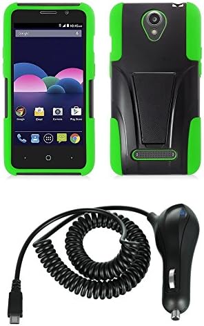 ZTE Obsidian (T-Mobile) - Black and Neon Green Dual Layer Shock Absorber Kickstand Case + Atom LED + 2.1A (2100 mAh Output) Turbo Micro USB Car Charger