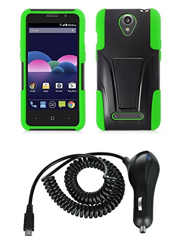 ZTE Obsidian (T-Mobile) - Black and Neon Green Dual Layer Shock Absorber Kickstand Case + Atom LED + 2.1A (2100 mAh Output) Turbo Micro USB Car Charger