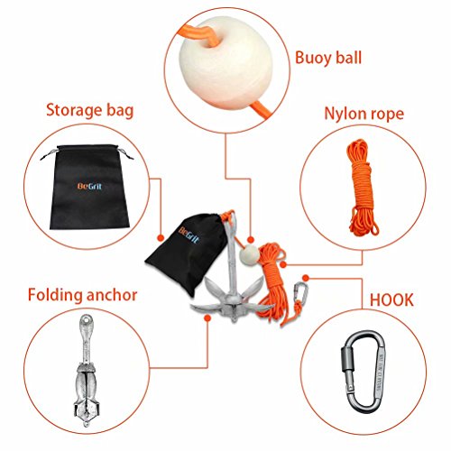 BeGrit Small Boat Anchor Kit Folding Grapnel Anchor Carbon Steel for Canoe Kayaks Jet Ski SUP Paddle Boards 3.5 lb with 32.8 ft Anchor Tow Rope Carrying Bag