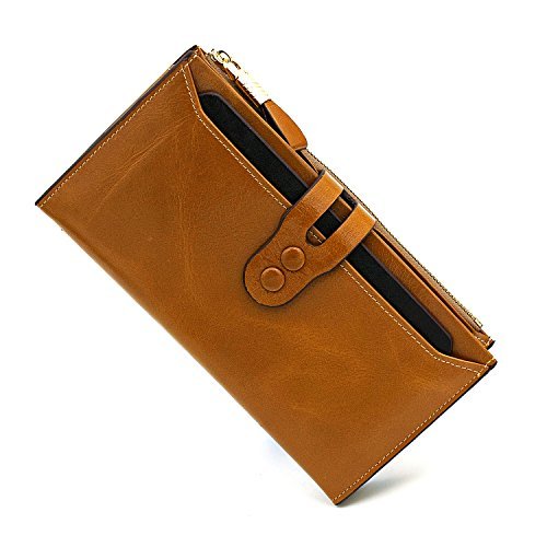 Womens Oil Waxy Genuine Leather Wallet Zipper Pocket Large Capacity Purse Apricot