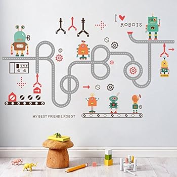 Amaonm Creative Cartoon Removable Environmental Protection DIY Curved Road My Best Friends Robot Wall Decals PVC Wall Stickers Murals Nursery Decor for Children Room Kids Bedroom Boys Room Classroom