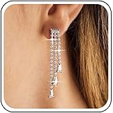 Aneneiceera Vintage Crystal Chandeliers Drop Earrings Silver Cz Chain Earrings Rhinestone Tassel Earrings Shine Cz Tennis Chain Earrings Jewelry for Women and Girls
