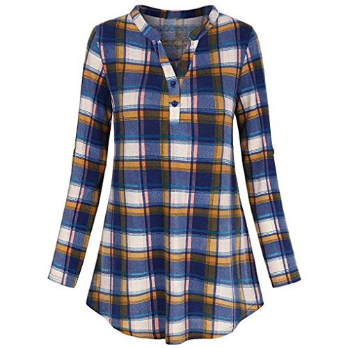 Rambling Fashion New Womens Split V Neck Rolled up Sleeve Plaid Casual Blouse Tops