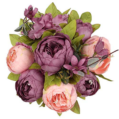 Flojery Silk Peony Bouquet Vintage Artificial Peonies Flower for Home Wedding Party Decor (1pcs, Bean/Peach) - Thumbnail 3