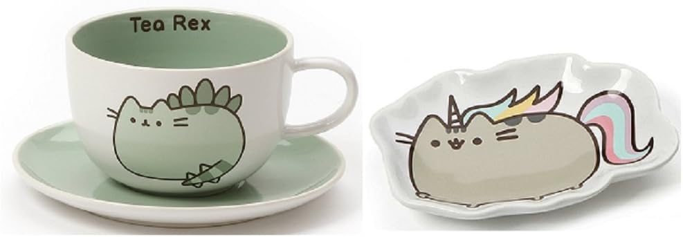 Enesco Pusheenosaurus Tea Cup and Saucer bundle with Pusheenicorn Tea Bag Tray