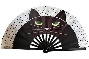 SAKA CRAFTS Large UV Festival Rave Folding Fan - Gear Essentials or Rave Accessories for Women, Mens Outfits - Clacking Cat Hand Fans for EDM, Music Festivals, Drag, Costumes, Burlesque Gifts
