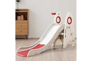 CHORBEYCH Indoor Slide for Kids Age 1-7, 3 in 1 Toddler Slide, Kid Play Climber Slide Playset, Folding Slide for Toddlers with Basketball Hoops and Ball, Baby Slide for Backyard Playsets Indoor and Outdoo (Red)