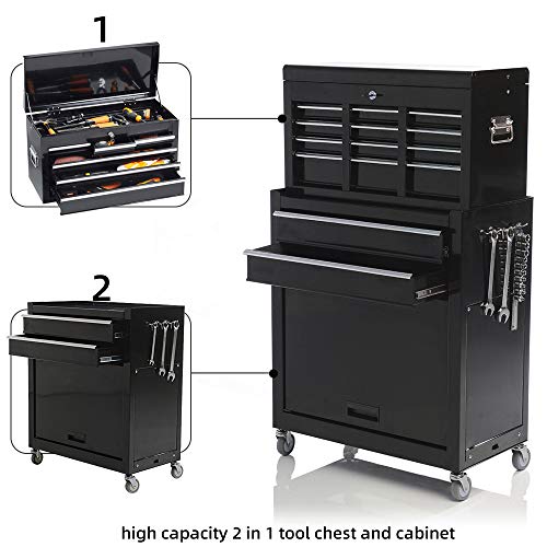 Big Tool Box,Rolling Tool Chest with Sliding Drawers,2 in 1 Tool Cabinet with 4 Swivel Wheels (2Pcs with Brake),Cold Rolled Steel,Black