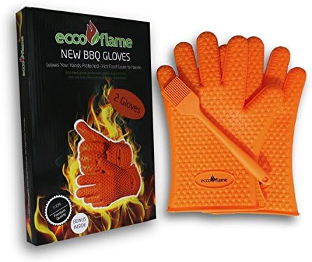 Eccoflame Premium BBQ Silicone Gloves &amp; Free Basting Brush - Heat Resistant Oven Mitt for Grilling, BBQ, Kitchen - Safe Handling of Pots and Pans - Cooking &amp; Baking - Non Stick Design