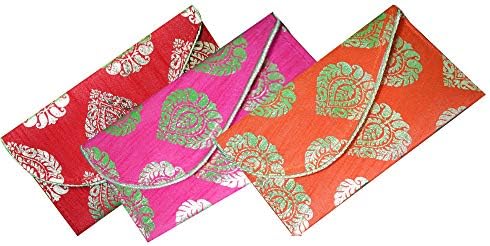 Myesha Crafts Classy Raw Silk & Brocade Shagun Fancy Wedding Party Envelope Wallet, Assorted Colors, Style 5, (Pack of 3 pcs)