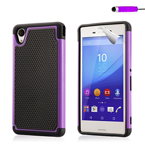 32ndShock proof dual defender case cover for Sony Xperia M4 Aqua + screen protector, cleaning cloth and touch stylus -Purple
