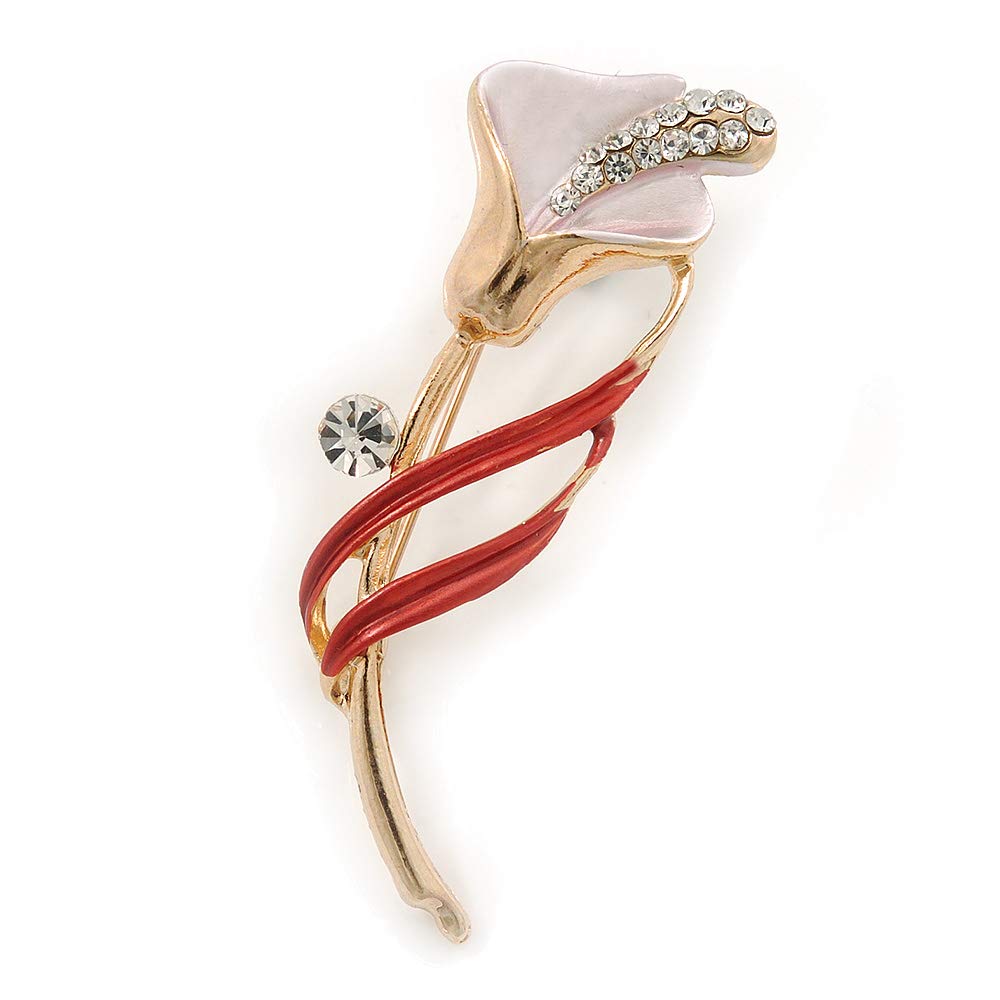 Delicate Pink/Coral Crystal Calla Lily Brooch In Gold Plating - 55mm L