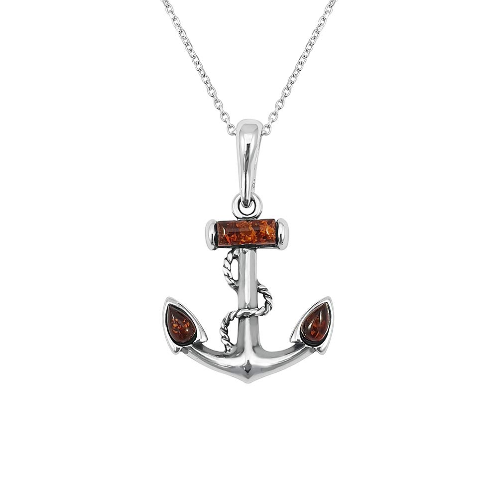 Kiara Jewellery 925 Sterling Silver Brown Amber Anchor Pendant Necklace on 18" Sterling Silver Trace Or Curb Chain.