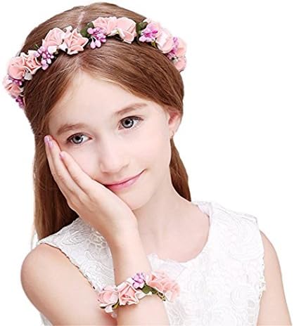 beauty YFJH Flower Wreath Headband Crown with Floral Wrist Band Set Garland Halo for Wedding Festivals (Pink)