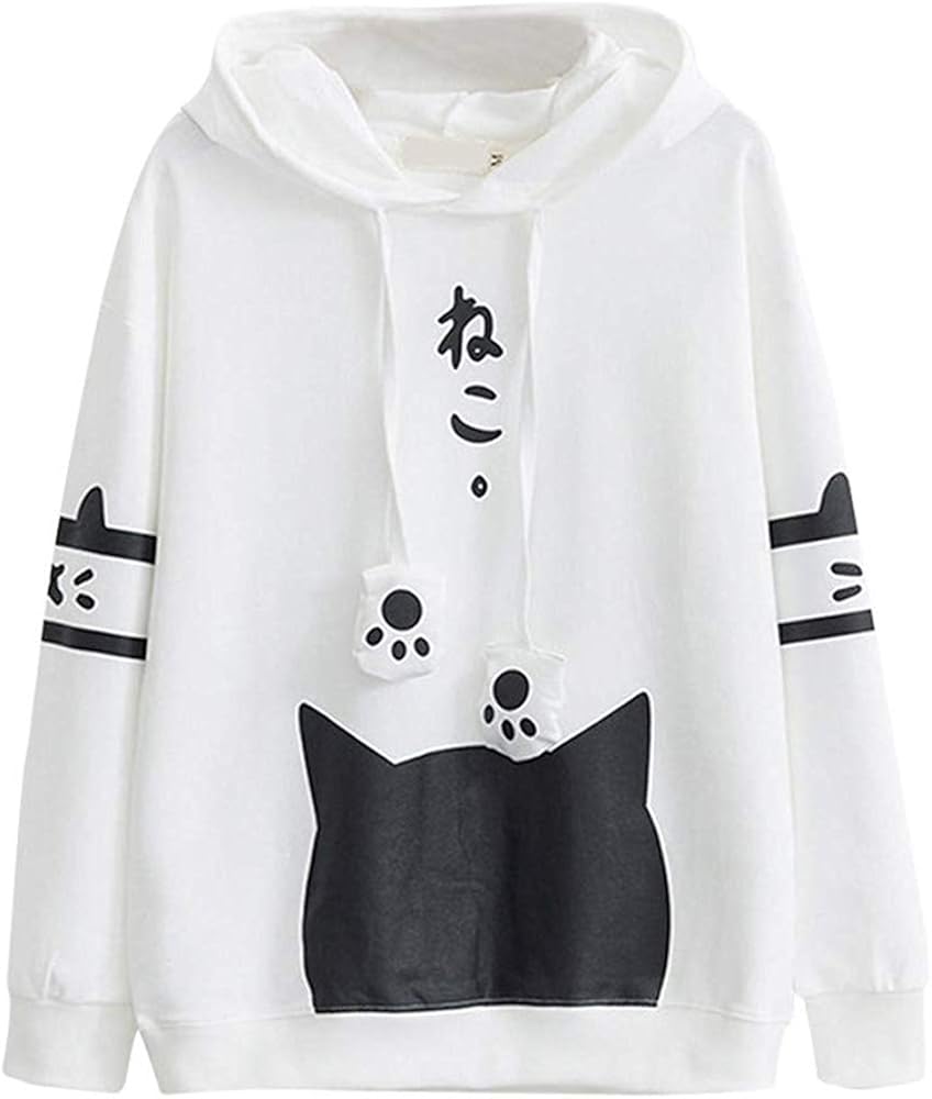 Casual Womens Cute Kitty Cat Print Long Sleeve Pocket Thin Hoodie