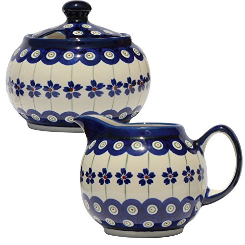 Polish Pottery Sugar Bowl and Creamer From Zaklady Ceramiczne Boleslawiec #694/711-166a Floral Peacock Classic Pattern, Sugar Bowl: Height: 3.7" Creamer: Height: 3.4" - Thumbnail 3