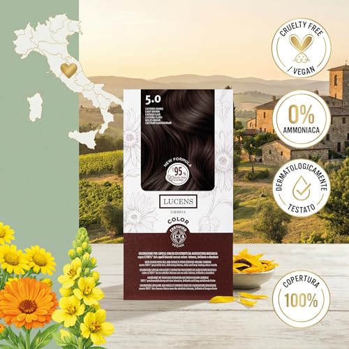 Lucens Umbria - 5.0 Light Brown, Ammonia-Free Hair Dye, Vegan Permanent Colouring Kit with Natural Extracts, Soothing, Moisturizing and Protective Action