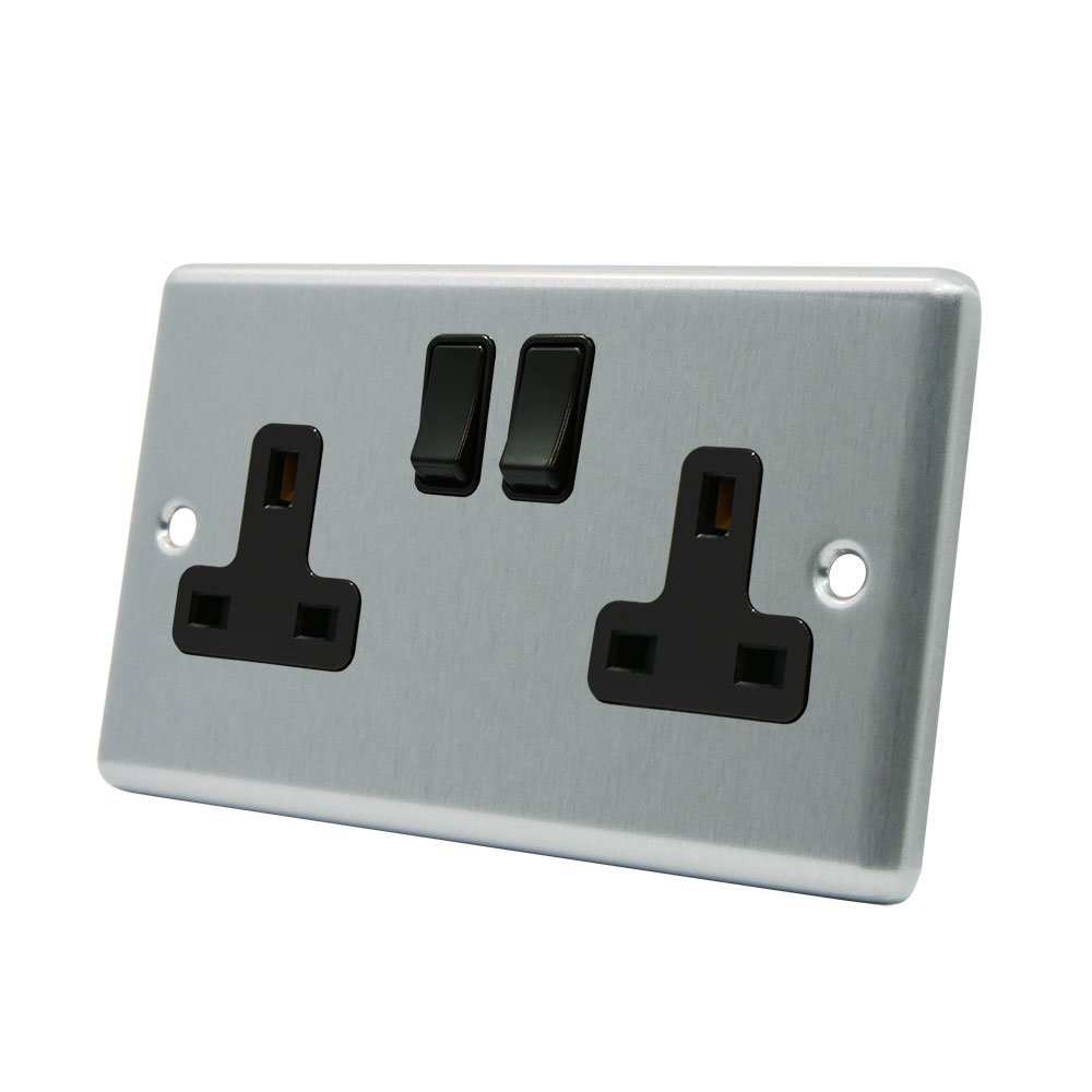 AET CSC2GSOCBL 13 A 2-Gang Satin Finish Chrome Classical Double Plug Socket with Black Insert Plastic Rocker Switch