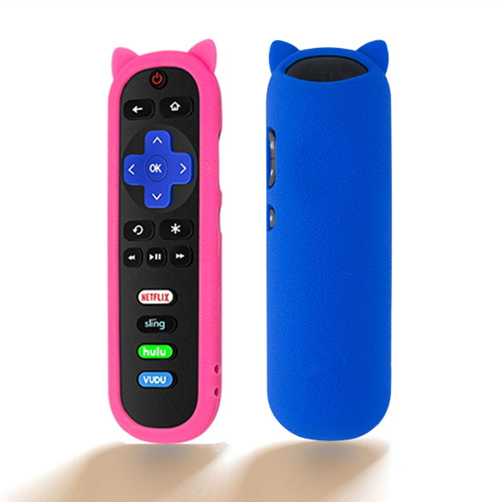 （Pack of 2） Blue + Pink Silicone Protective Soft Cases Covers for Compatible with RC280 TCL ROKU TV Remote Control with Wrist Strap Cute Cat Ear Shape Case only