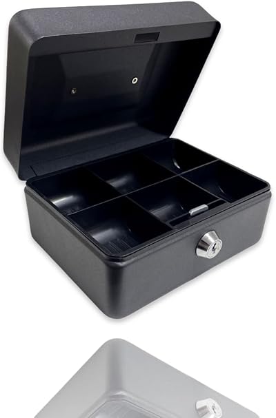 REQUISITE NEEDS Metal Money Box Tin 6" Locking Cash Safe with Tray Black