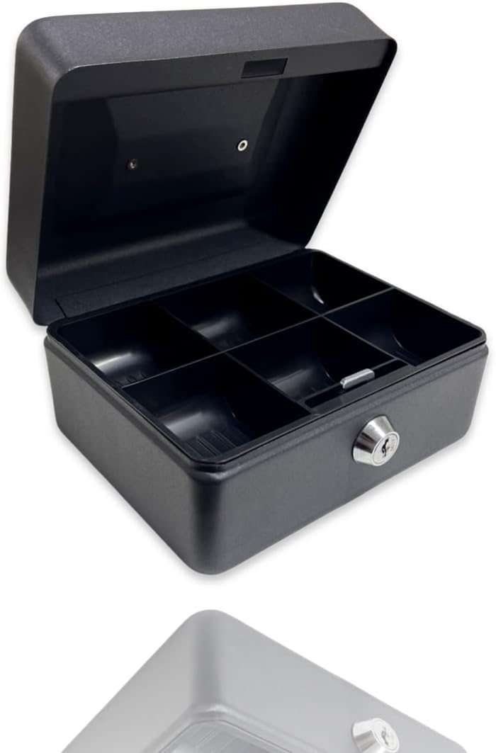 REQUISITE NEEDS Metal Money Box Tin 6" Locking Cash Safe with Tray Black