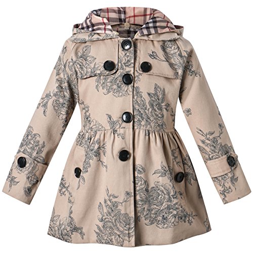 Long Sleeves Vintage Floral Print Chino Cotton Hooded Hoodie Trench Coat Outerwear Windbreaker for Little Girls & Big Girls, B-Khaki, Age 5T-6T (5-6 Years) = Tag 130