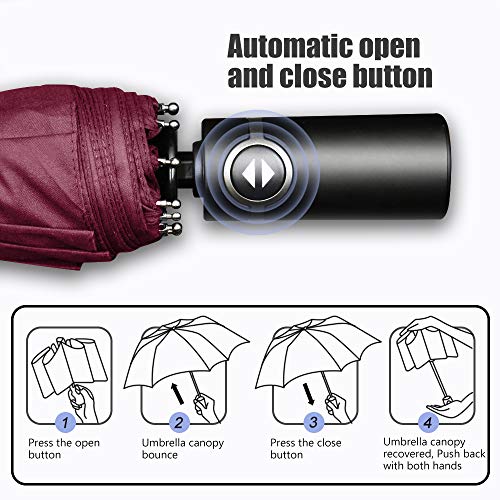 Bodyguard Travel Umbrella, 10 Ribs Finest Windproof Umbrella with Teflon Coating, Auto Open Close and Upgraded Comfort Handle - Gift Leather Cover (Red)