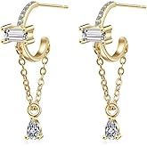 14K Gold Long Tassel Water Drop Earrings, Emerald and Pear Cut Moissanite Earrings, Stylish Statement Jewelry for Her